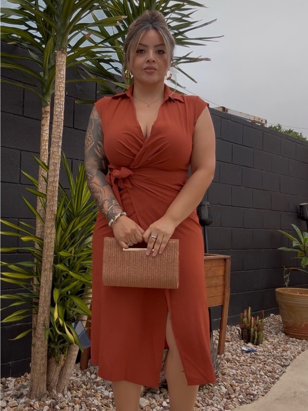 Rust Wrap Midi Dress with Collar - Women